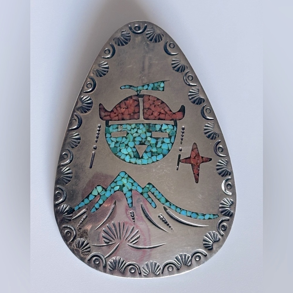 Tommy Singer Sterling Silver Turquoise & Coral‎ Chip Inlay Brooch/ Pendant